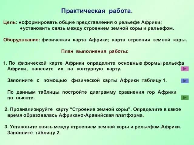 Цель: ●сформировать общие представления о рельефе Африки; ●установить связь между строением земной