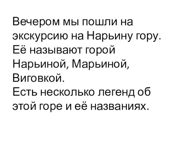 Вечером мы пошли на экскурсию на Нарьину гору. Её называют горой Нарьиной,