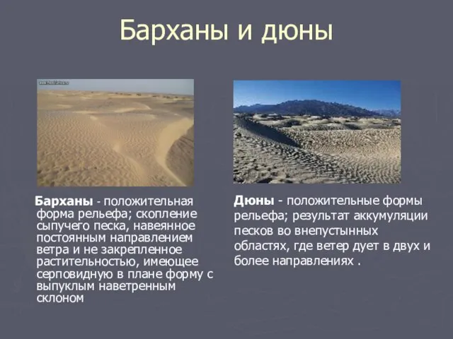 Барханы и дюны Барханы - положительная форма рельефа; скопление сыпучего песка, навеянное