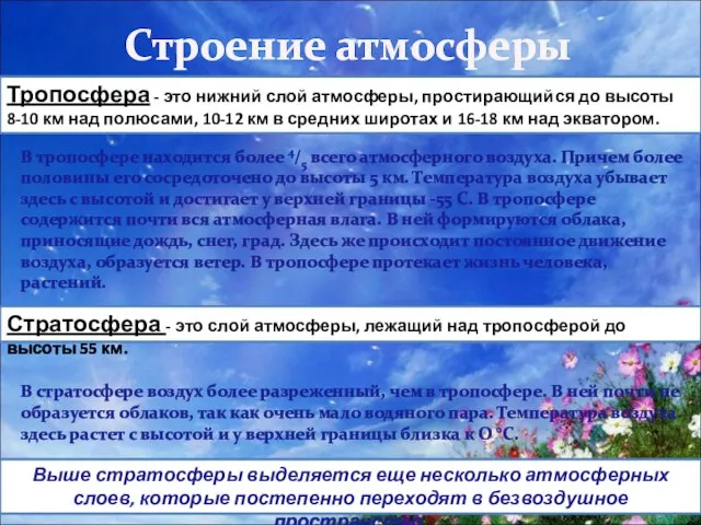 Строение атмосферы В тропосфере находится более 4/5 всего атмосферного воздуха. Причем более