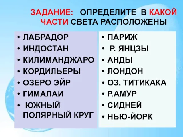 ЗАДАНИЕ: ОПРЕДЕЛИТЕ В КАКОЙ ЧАСТИ СВЕТА РАСПОЛОЖЕНЫ ЛАБРАДОР ИНДОСТАН КИЛИМАНДЖАРО КОРДИЛЬЕРЫ ОЗЕРО