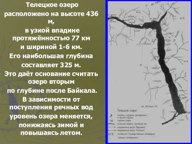 Телецкое озеро расположено на высоте 436 м, в узкой впадине протяжённостью 77