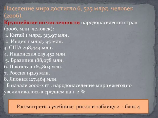 Население мира достигло 6, 525 млрд. человек (2006). Крупнейшие по численности народонаселения