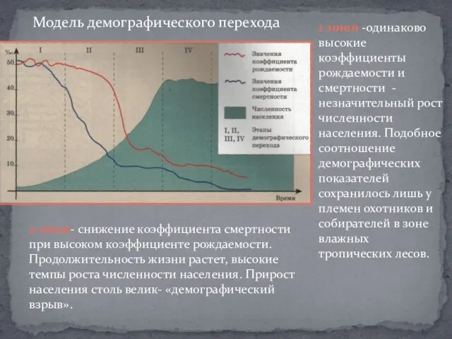 Модель демографического перехода 1 этап -одинаково высокие коэффициенты рождаемости и смертности -