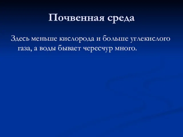 Почвенная среда Здесь меньше кислорода и больше углекислого газа, а воды бывает чересчур много.