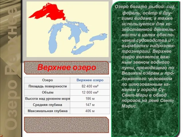 Ве́рхнее о́зеро (англ. Lake Superior) — расположено севернее всех и выше всех