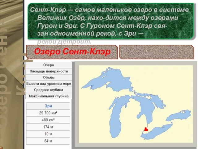 Сент-Клэр — самое маленькое озеро в системе Вели-ких Озёр, нахо-дится между озерами