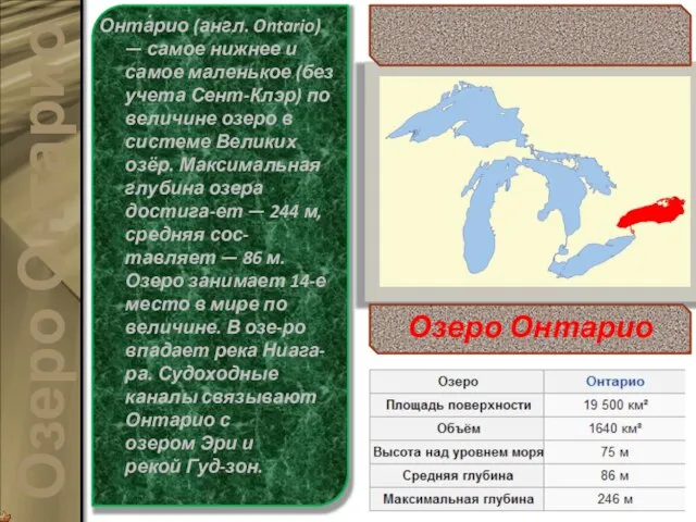 Онта́рио (англ. Ontario) — самое нижнее и самое маленькое (без учета Сент-Клэр)