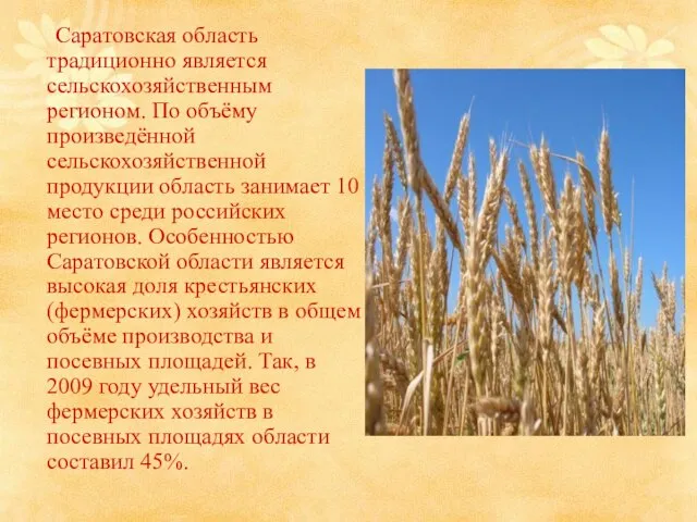 Саратовская область традиционно является сельскохозяйственным регионом. По объёму произведённой сельскохозяйственной продукции область