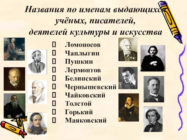 Названия по именам выдающихся учёных, писателей, деятелей культуры и искусства Ломоносов Чаплыгин