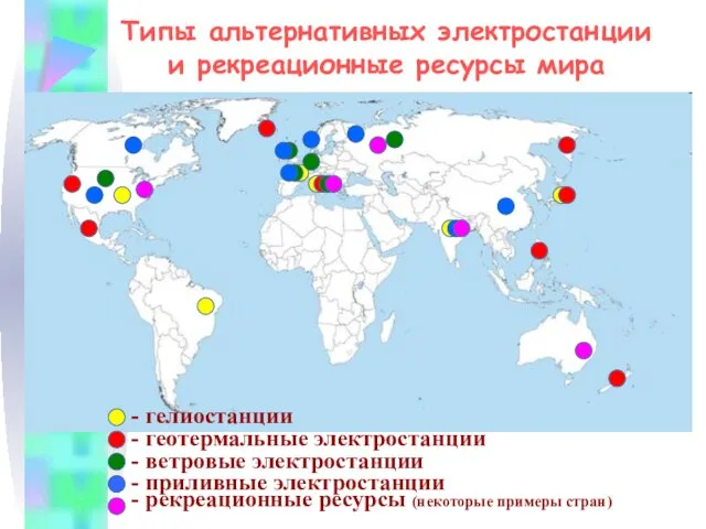 - гелиостанции - геотермальные электростанции - ветровые электростанции - приливные электростанции Типы