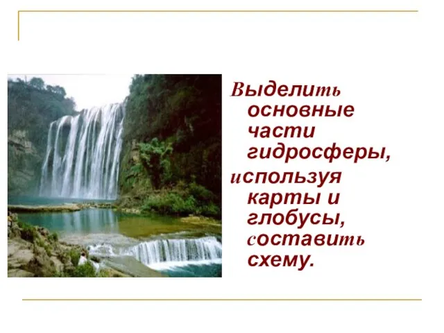 Выделить основные части гидросферы, используя карты и глобусы, составить схему.