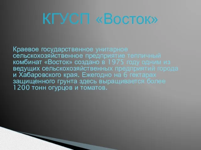 КГУСП «Восток» Краевое государственное унитарное сельскохозяйственное предприятие тепличный комбинат «Восток» создано в