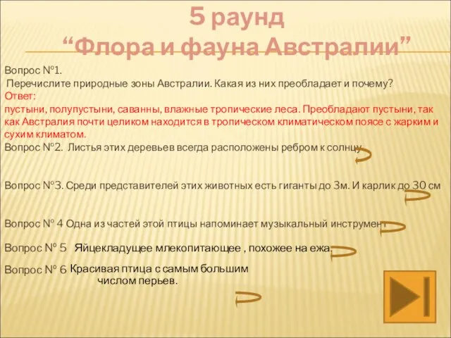 5 раунд “Флора и фауна Австралии” Вопрос №1. Перечислите природные зоны Австралии.