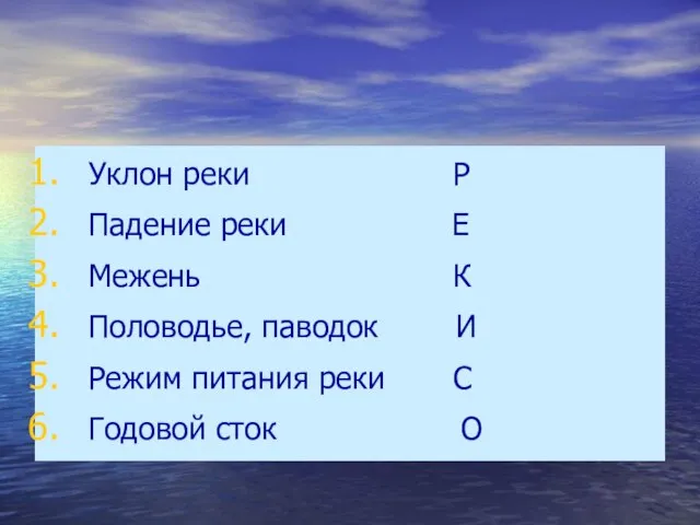 Уклон реки Р Падение реки Е Межень К Половодье, паводок И Режим