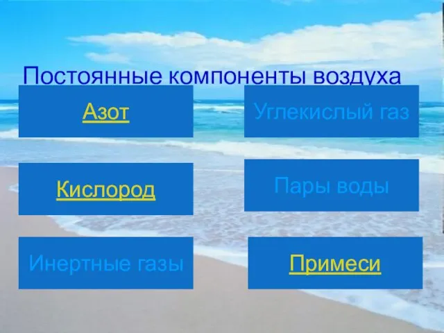 Постоянные компоненты воздуха Азот Кислород Инертные газы Углекислый газ Пары воды Примеси