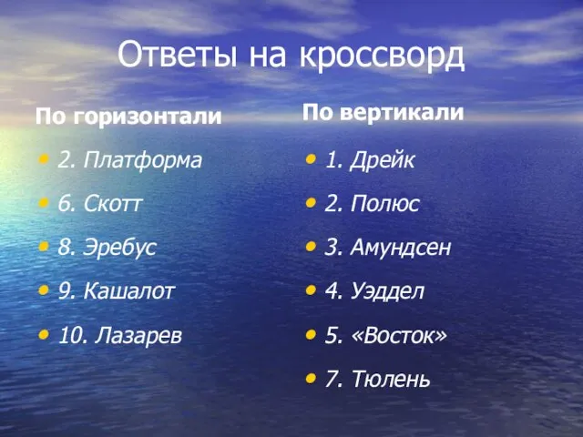 Ответы на кроссворд По горизонтали 2. Платформа 6. Скотт 8. Эребус 9.