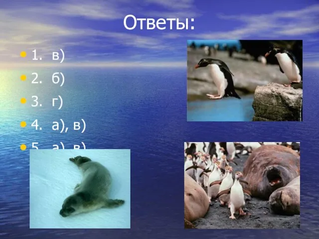 Ответы: 1. в) 2. б) 3. г) 4. а), в) 5. а), в)