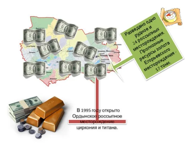 . В 1995 году открыто Ордынское россыпное месторождение циркония и титана. Разведано