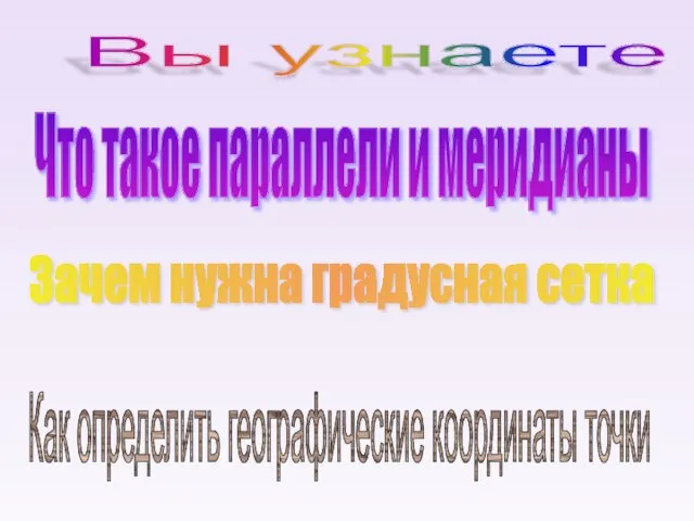 Вы узнаете Что такое параллели и меридианы Зачем нужна градусная сетка Как определить географические координаты точки