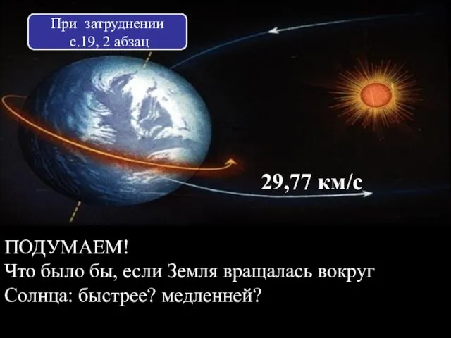 ПОДУМАЕМ! Что было бы, если Земля вращалась вокруг Солнца: быстрее? медленней? 29,77