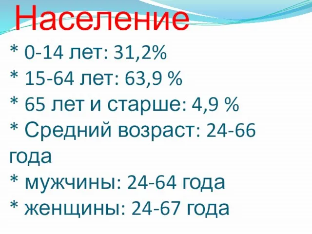 Население * 0-14 лет: 31,2% * 15-64 лет: 63,9 % * 65