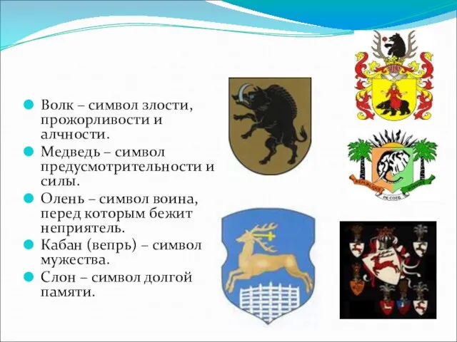 Волк – символ злости, прожорливости и алчности. Медведь – символ предусмотрительности и