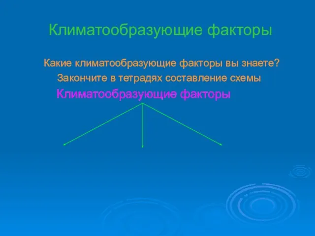 Климатообразующие факторы Какие климатообразующие факторы вы знаете? Закончите в тетрадях составление схемы Климатообразующие факторы