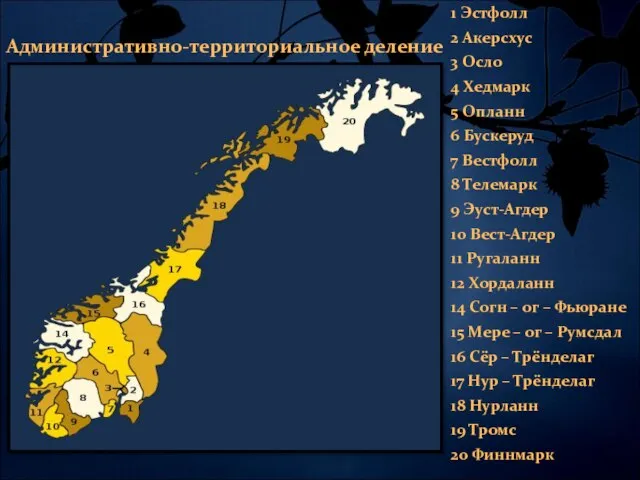 Административно-территориальное деление 1 Эстфолл 2 Акерсхус 3 Осло 4 Хедмарк 5 Опланн