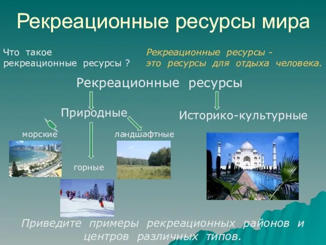 Рекреационные ресурсы мира морские горные ландшафтные Приведите примеры рекреационных районов и центров