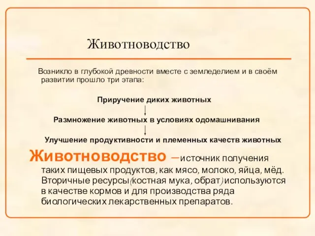 Животноводство Возникло в глубокой древности вместе с земледелием и в своём развитии