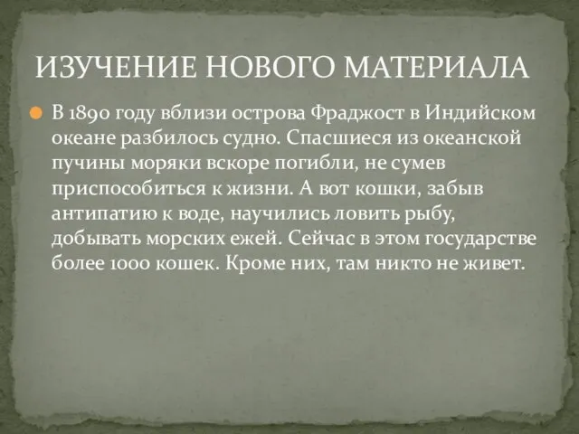 В 1890 году вблизи острова Фраджост в Индийском океане разбилось судно. Спасшиеся