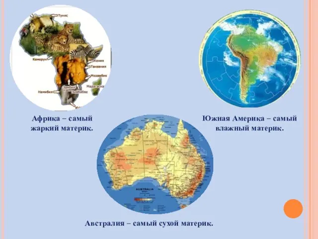 Африка – самый жаркий материк. Южная Америка – самый влажный материк. Австралия – самый сухой материк.