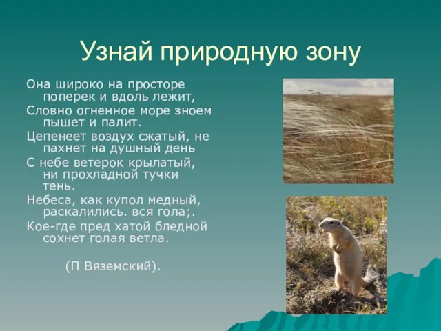 Узнай природную зону Она широко на просторе поперек и вдоль лежит, Словно