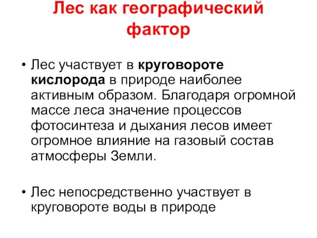 Лес как географический фактор Лес участвует в круговороте кислорода в природе наиболее