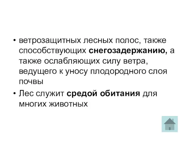 ветрозащитных лесных полос, также способствующих снегозадержанию, а также ослабляющих силу ветра, ведущего