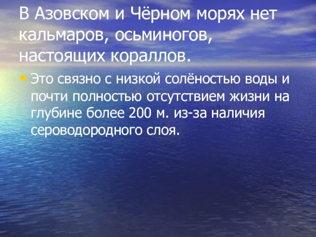 В Азовском и Чёрном морях нет кальмаров, осьминогов, настоящих кораллов. Это связно