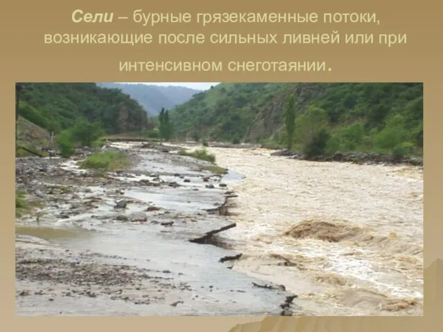 Сели – бурные грязекаменные потоки, возникающие после сильных ливней или при интенсивном снеготаянии.