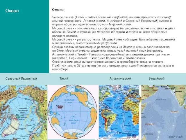 Океаны Четыре океана (Тихий – самый большой и глубокий, занимающий почти половину