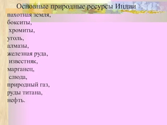 Основные природные ресурсы Индии пахотная земля, бокситы, хромиты, уголь, алмазы, железная руда,