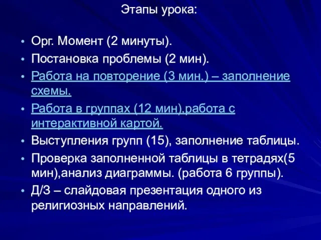 Этапы урока: Орг. Момент (2 минуты). Постановка проблемы (2 мин). Работа на