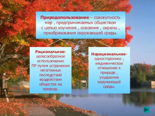 Природопользование – совокупность мер , предпринимаемых обществом с целью изучения , освоения