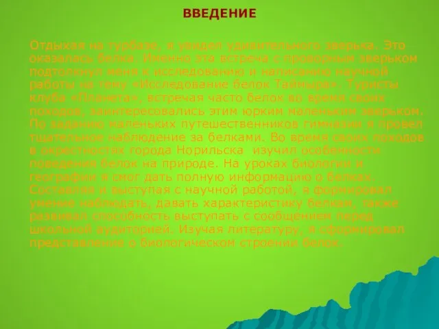 ВВЕДЕНИЕ Отдыхая на турбазе, я увидел удивительного зверька. Это оказалась белка. Именно
