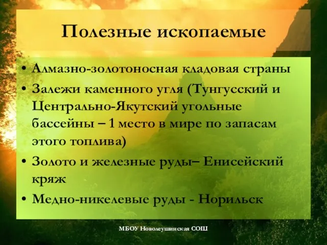 Полезные ископаемые Алмазно-золотоносная кладовая страны Залежи каменного угля (Тунгусский и Центрально-Якутский угольные