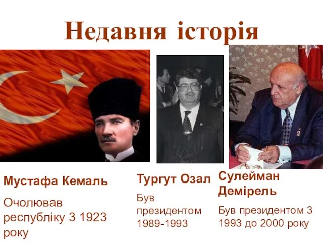 Недавня історія Мустафа Кемаль Очолював республіку 3 1923 року Тургут Озал Був