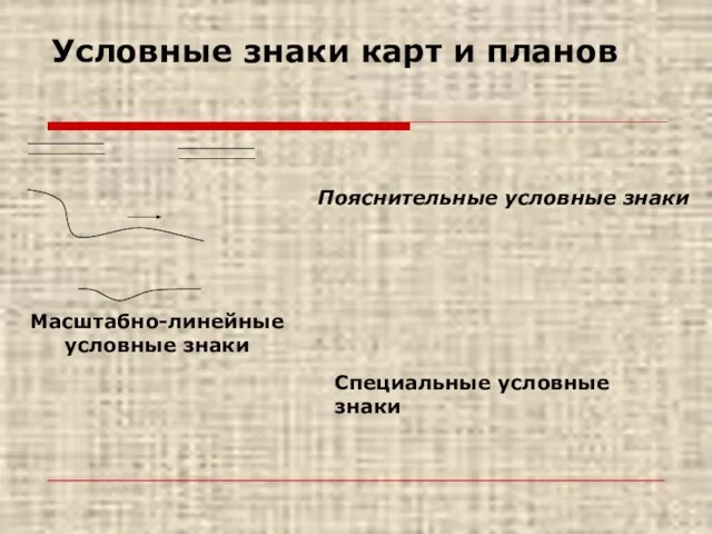 Условные знаки карт и планов Масштабно-линейные условные знаки Пояснительные условные знаки Специальные условные знаки