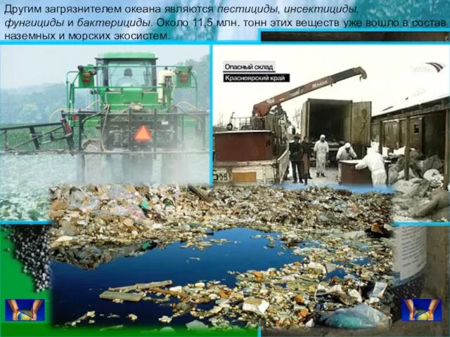 Другим загрязнителем океана являются пестициды, инсектициды, фунгициды и бактерициды. Около 11,5 млн.