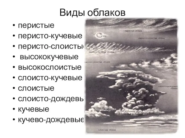 Виды облаков перистые перисто-кучевые перисто-слоистые высококучевые высокослоистые слоисто-кучевые слоистые слоисто-дождевые кучевые кучево-дождевые