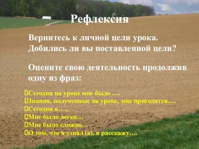 Рефлексия Вернитесь к личной цели урока. Добились ли вы поставленной цели? Оцените