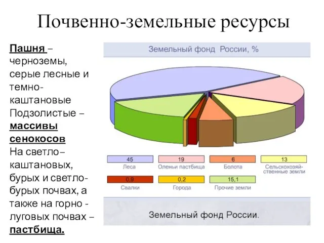 Почвенно-земельные ресурсы Пашня – черноземы, серые лесные и темно- каштановые Подзолистые –